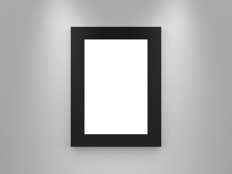 Modern single blank gallery frame, black border, interior scene, advertisement board on white wall. lights from top.