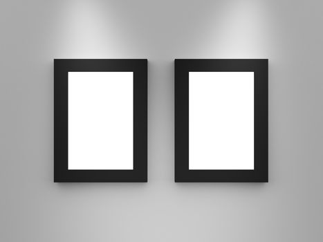 Modern blank gallery frames, black border, interior scene, advertisement board on white wall. lights from top.