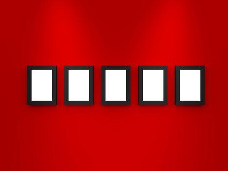 Five modern blank gallery frames, black border, interior scene, advertisement board on red wall. lights from top.