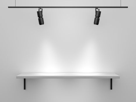 Blank, white, single, high quality shelf installed on the wall upon where you can put, set, show anything with light from top.