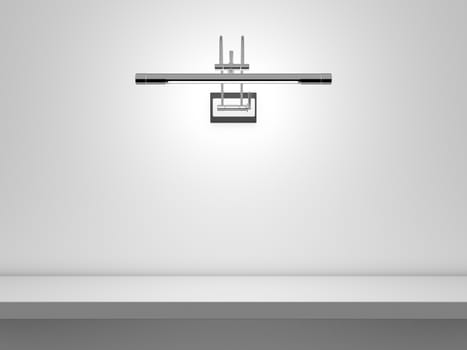 Blank, white, single, high quality shelf installed on the wall upon where you can put, set, show anything with fluorescent light from top.