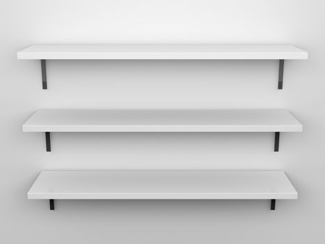Blank, white, three high quality shelves installed on the wall upon where you can put, set, show anything with light from top.