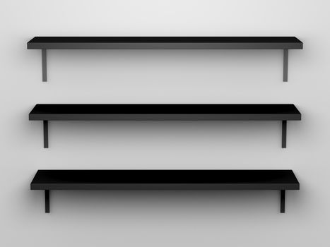 Blank, white, three high quality shelves installed on the wall upon where you can put, set, show anything with light from top.