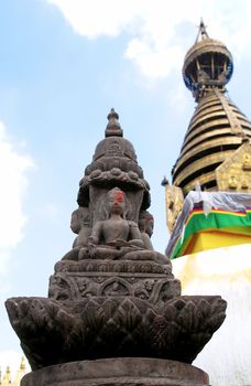 Swayambhunath stupa temple on the outskirts of Kathmandu, Nepal. Unesco world heritage site (aslo known as "monkey temple")                               