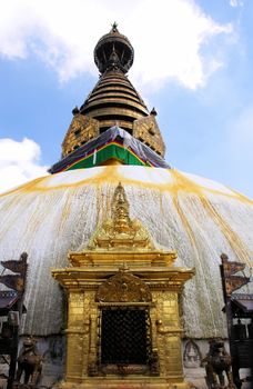 Swayambhunath stupa temple on the outskirts of Kathmandu, Nepal. Unesco world heritage site (aslo known as "monkey temple")                               