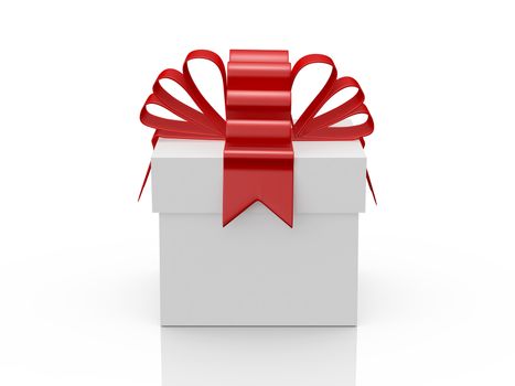 Single white gift box with red ribbon, front view, isolated on white background.