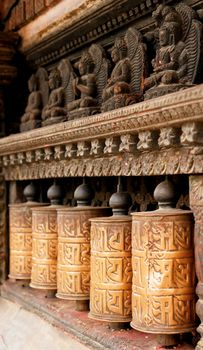 Prayer wheels at swayambhunath monkey temple in Kathmandu, Nepal                              