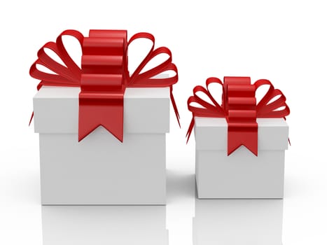 Two white gift boxes with red ribbon, front view, isolated on white background.
