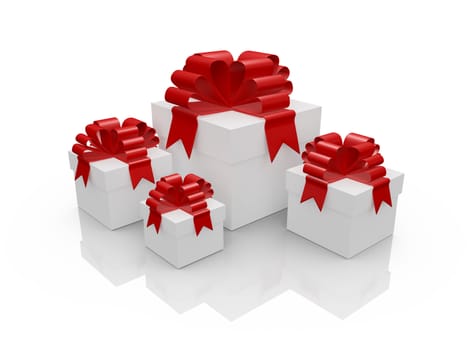 Four white gift boxes with red ribbon for surprise, isolated on white background.