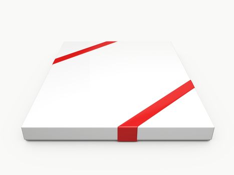 Single white rectangle gift box with red ribbon, isolated on white background.