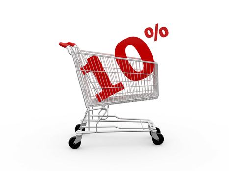 Shopping cart and red ten percentage discount, isolated on white background.