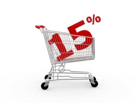 Shopping cart and red fifteen percentage discount, isolated on white background.