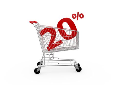 Shopping cart and red twenty percentage discount, isolated on white background.