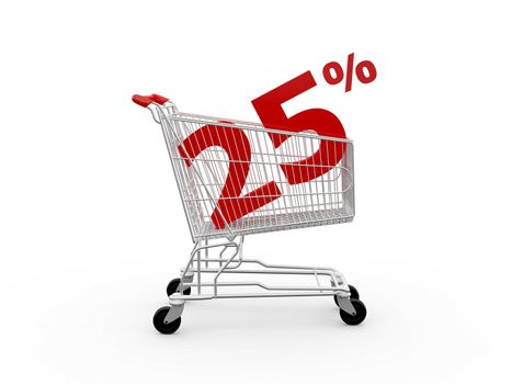 Shopping cart and red twenty five percentage discount, isolated on white background.