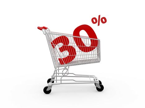 Shopping cart and red thirty percentage discount, isolated on white background.