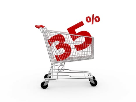Shopping cart and red thirty five percentage discount, isolated on white background.
