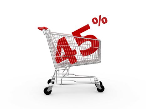 Shopping cart and red forty five percentage discount, isolated on white background.