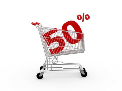 Shopping cart and red fifty percentage discount, isolated on white background.