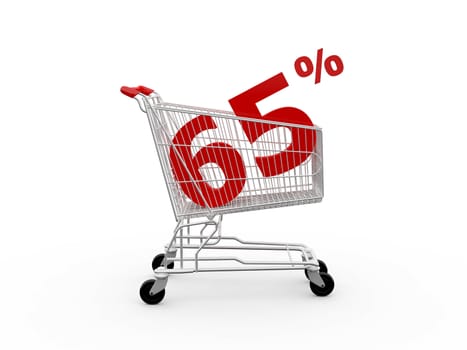 Shopping cart and red sixty five percentage discount, isolated on white background.