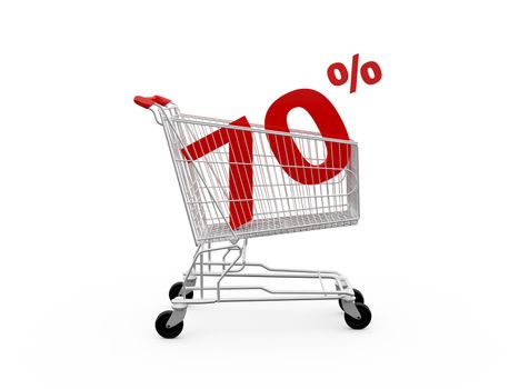 Shopping cart and red seventy percentage discount, isolated on white background.