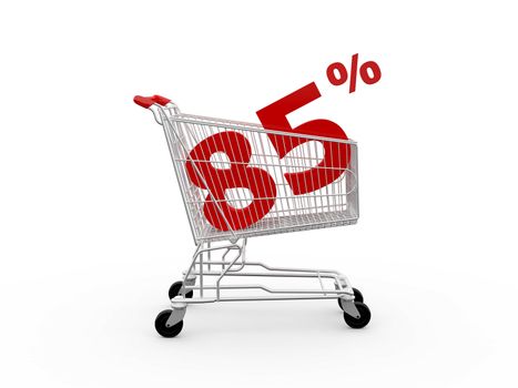 Shopping cart and red eighty five percentage discount, isolated on white background.