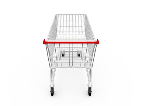 Empty shopping cart, back view, isolated on white background.
