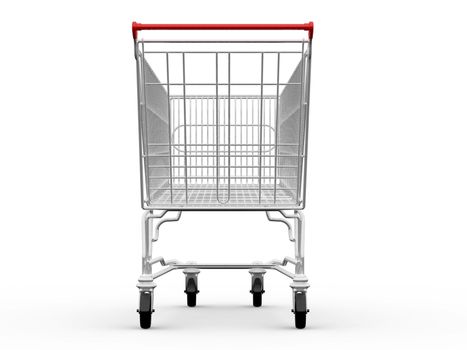 Empty shopping cart, back view, isolated on white background.