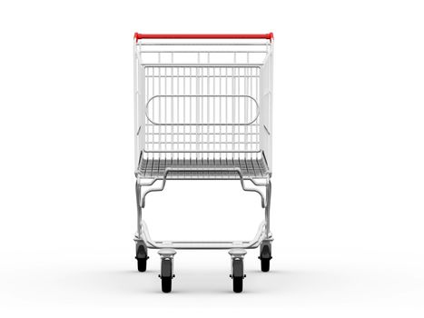 Empty shopping cart, front view, isolated on white background.