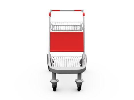 Empty shopping trolley, front view, isolated on white background.