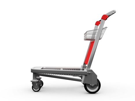 Empty shopping trolley, side view, isolated on white background.