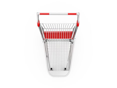 Empty shopping trolley, top view, isolated on white background.
