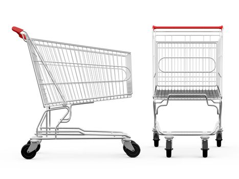 Empty shopping carts, side view and front view, isolated on white background.