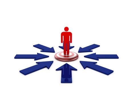 Business concept, blue arrows shows red social man on target, isolated on white background.