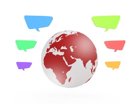 Colorful speech bubbles around red earth, isolated on white background.