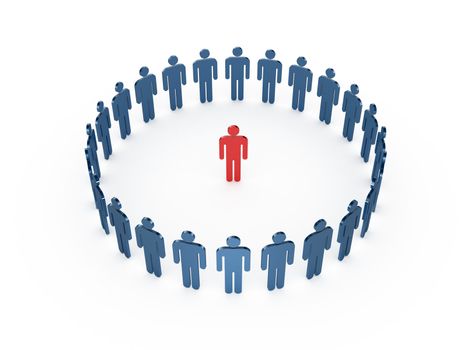 Leadership concept, red social man in the middle of blue men, isolated on white background.