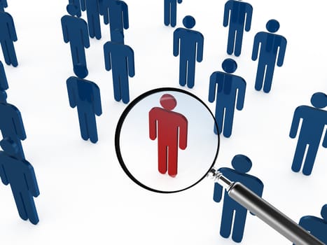 Magnifying glass focusing on red social man, standing out from the crowd for career, isolated on white background.