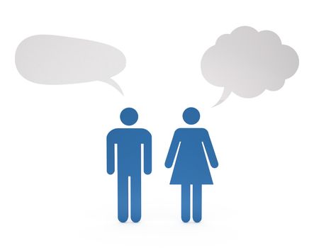 Adult male and female speaking, talking, discussing something with white blank empty speech bubbles, isolated on white background.