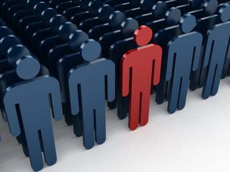 Outstanding concept, red social man be realized between other crowd social men, isolated on white background.
