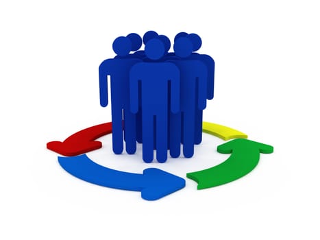 Social men in the middle of colorful recycling arrows, isolated on white background.