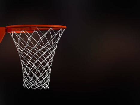 Basketball basket in arena with white nets on black background.