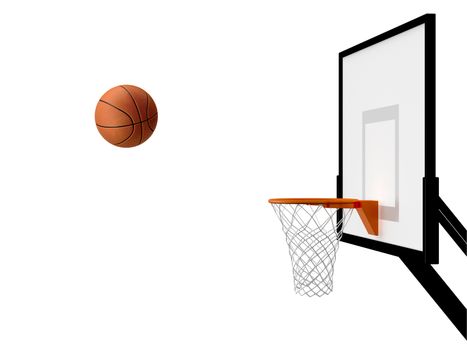 Basketball basket and ball in movement, isolated on white background.