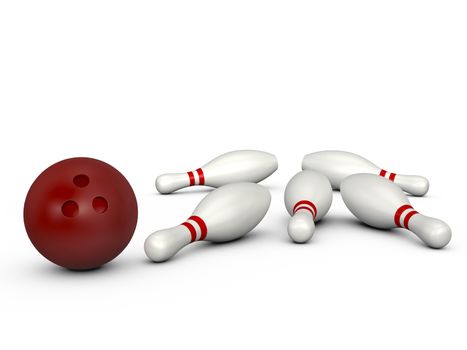 Red bowling ball crashed to white bowling pins, isolated on white background.