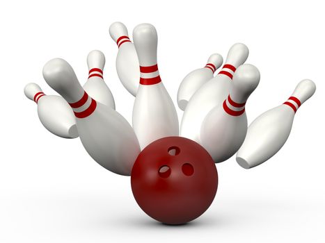 Red bowling ball crashes into the bowling pins with red stripes, isolated on white background.