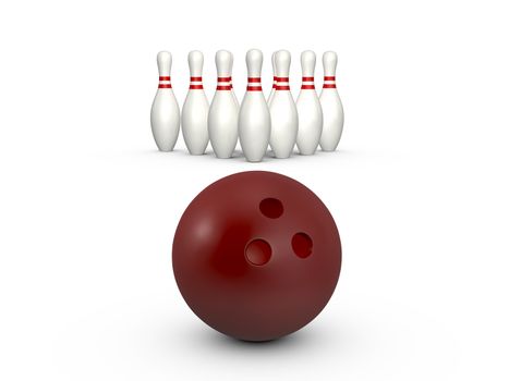 Bowling ball ready to hit skittle, isolated on white background.