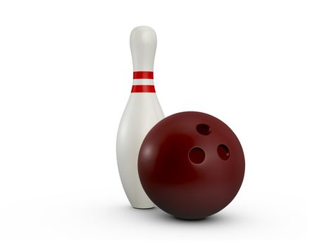 Bowling ball and pin with red stripes, isolated on white background.