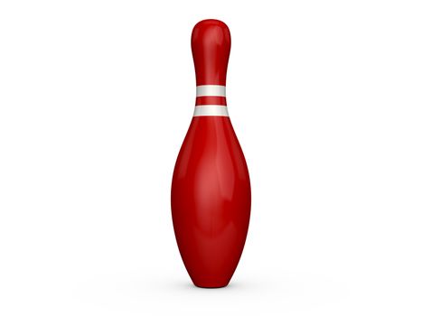 Red bowling pin with white stripes, isolated on white background.
