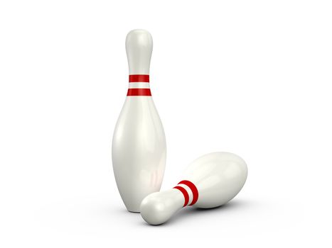 Standing and lying bowling pins with red stripes, isolated on white background.