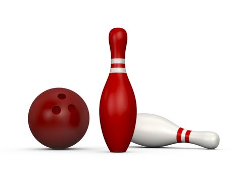 Red bowling pin wins the game, white skittle loses with red bowling ball, isolated on white background.