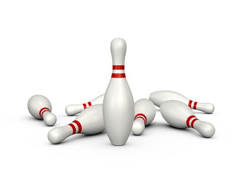Only one bowling pin standing front of others, isolated on white background.