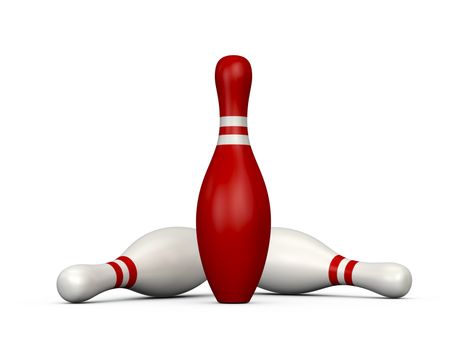Red bowling pin wins the game, white skittles lose, isolated on white background.